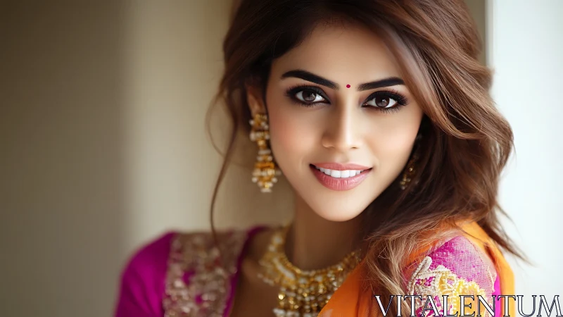 Portrait of woman in traditional attire with jewelry detail.