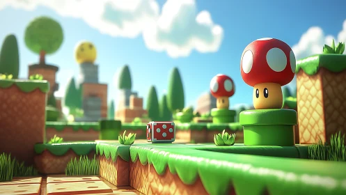 3D cartoon mushroom world with vibrant game platform design.