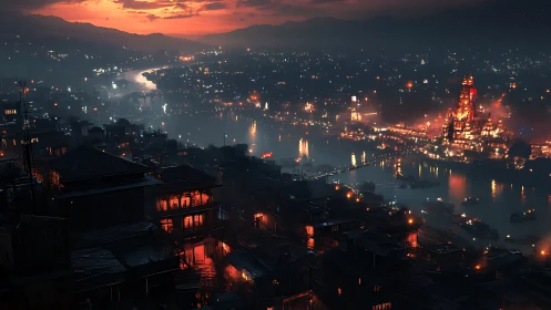 Riverfront city glowing with lantern lights at rainy dusk.