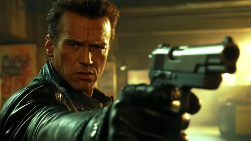 Tense action hero holds a pistol with unwavering focus