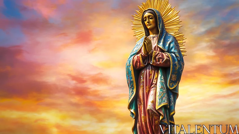 Religious statue of robed woman before vivid sunset sky.