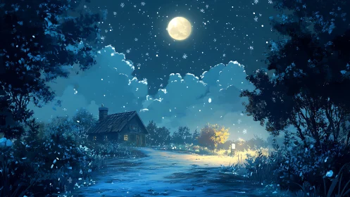 Lunar-illuminated winter cottage under particulate snowfall field.