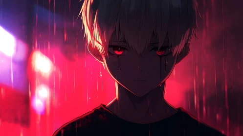 Boy with bleeding eyes stands in red rain at night