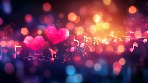 Glowing hearts and music notes on abstract bokeh background.