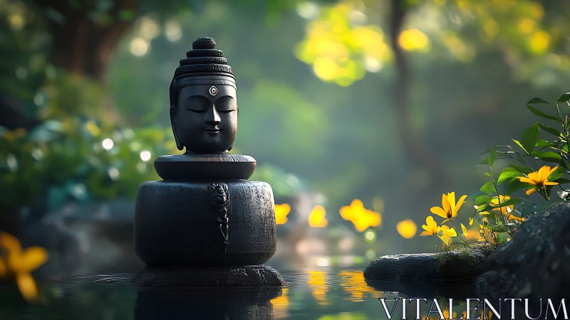 Black Buddha head sculpture stands by pond with yellow flowers