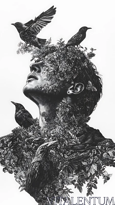 Human portrait merged with foliage and perched crows.