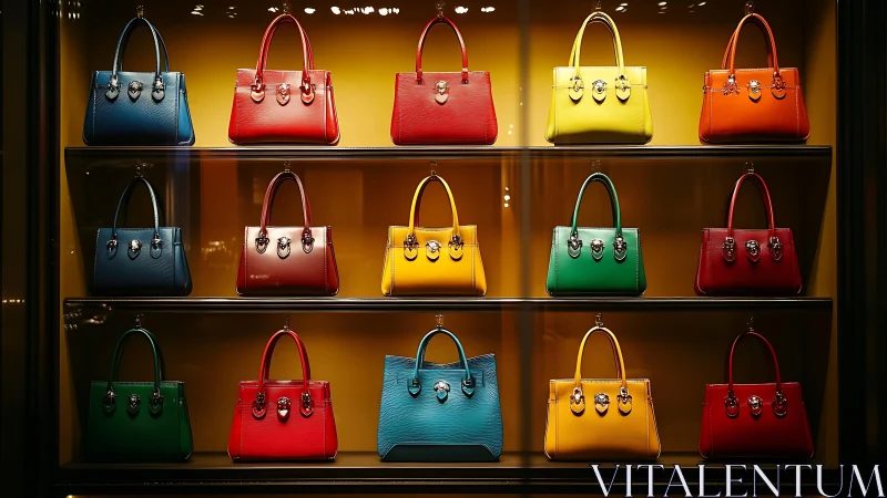 Chromatic leather handbags in symmetric boutique display grid