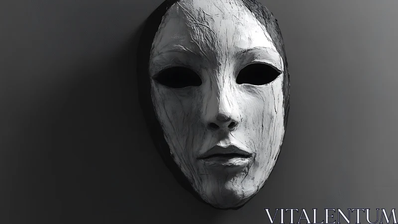 White sculpted mask with hollow eyes on gray wall.