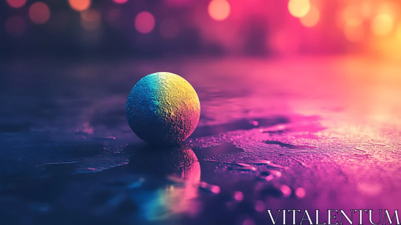 Iridescent sphere on wet surface with neon bokeh glow.