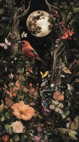 Lunar-lit avian sanctuary unfolds within dense surreal flora