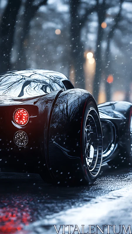 Futuristic low-profile car is parked on a wet winter street