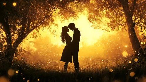 Golden Hour Romance: Silhouetted Couple Embrace Beneath Luminous Trees.