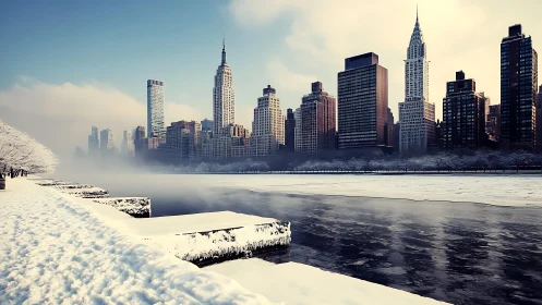 Snow covered urban riverfront with dense winter skyline.