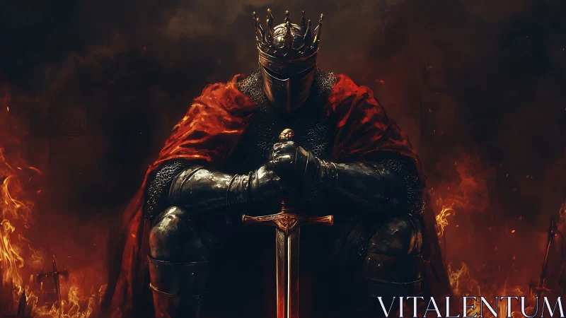 Crimson-caped dark king kneeling with sword amid firestorm.
