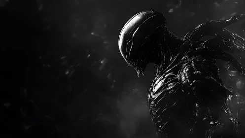 Biomechanical xenomorph profile in high-contrast monochrome render.