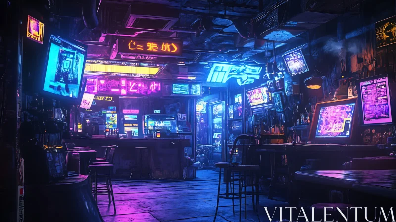 Neon-soaked cyberpunk bar humming with glitch-lit secrets.