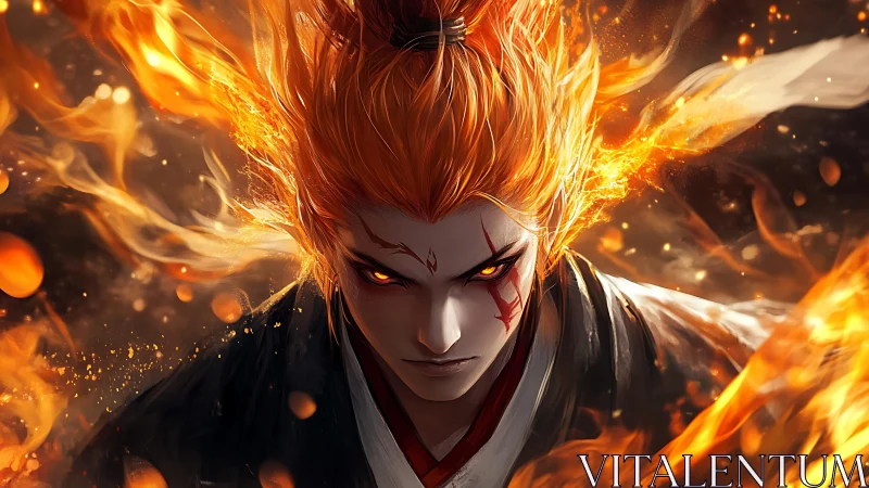 Fiery-haired warrior portrait is framed by surrounding flames