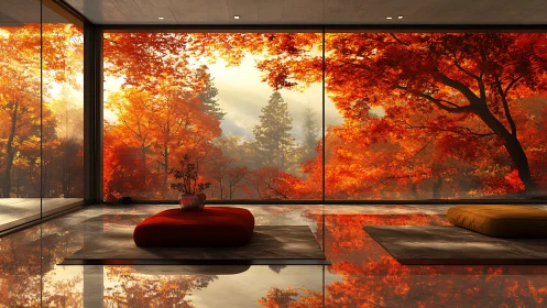 Minimalist zen lounge opens onto glowing autumn forest view