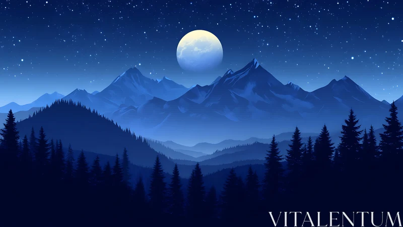 Moonlit alpine peaks glow softly under a star-rich sky