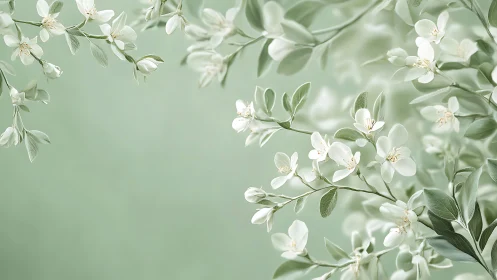 Delicate white blossoms cascade across soft mint botanical background