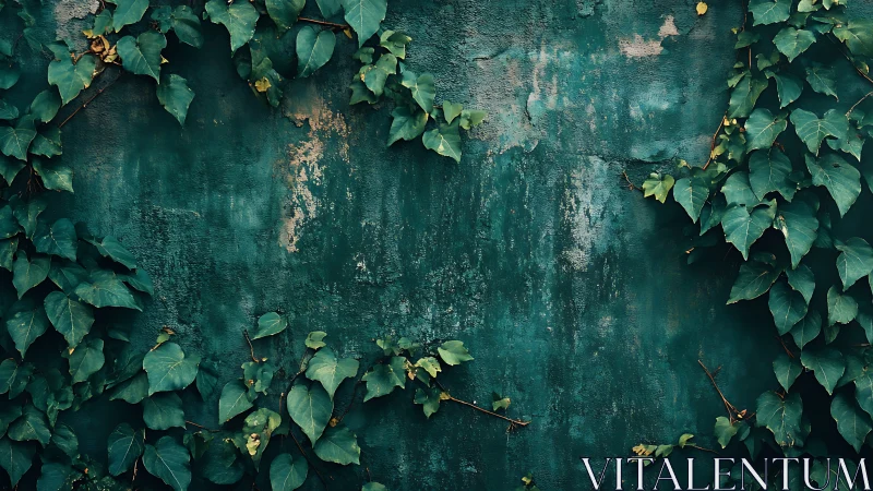 Climbing ivy frames weathered teal wall with textured patina