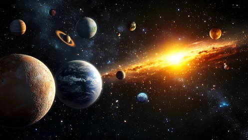 Planets surrounding bright galactic core in deep space.