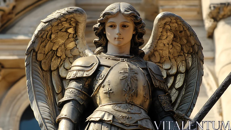 Gilded stone archangel statue in articulated plate armor.