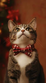 Dapper Tabby's Holiday Swagger: Red Plaid Bow Tie Moment.
