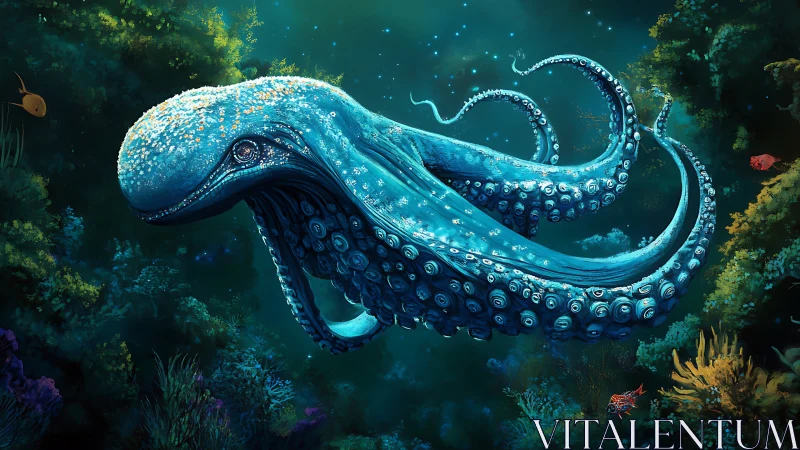 Hybrid whale octopus drifting through deep reef seascape.
