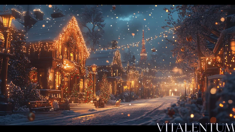 Snow covered town street with dense festive lighting at night.