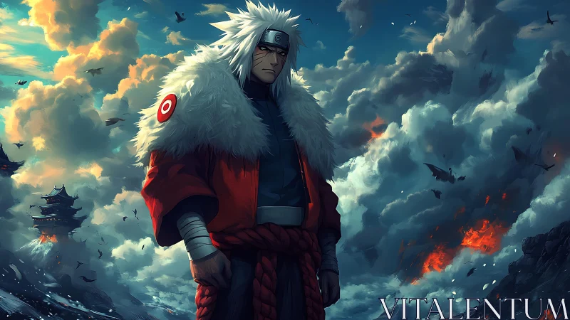 Storm-lit warrior watching distant fires beneath restless sky.