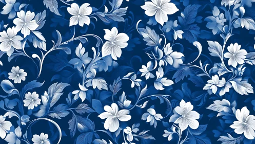 Deep Blue Floral Composition: White Five-Petaled Blooms with Botanical Foliage