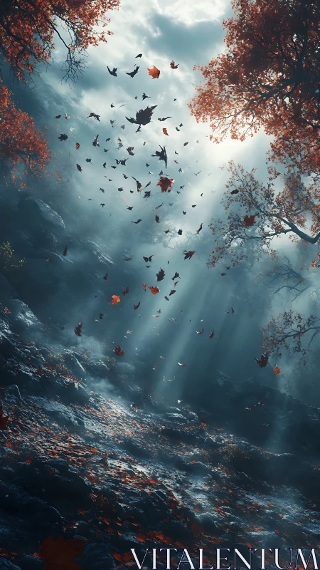 Storm-tossed autumn leaves swirling through misted ravine.
