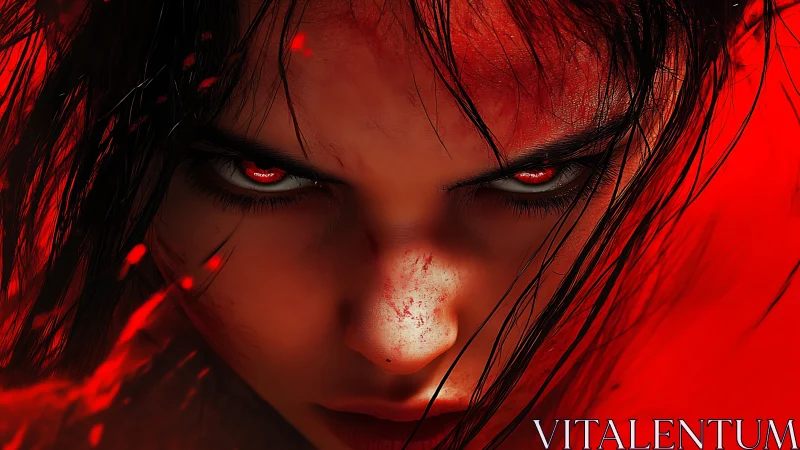 Fierce red-eyed warrior locked in an intense burning stare.