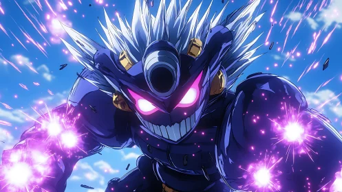 Armored anime warrior charging with violet energy blasts.