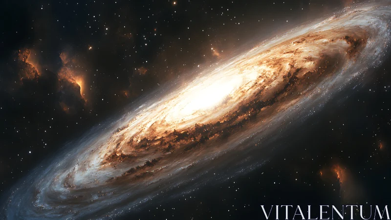 Spiraling golden galaxy glows gently across the quiet cosmos