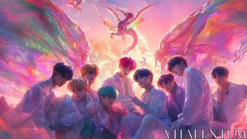 Iridescent boy group beneath twin dragons in luminous sky