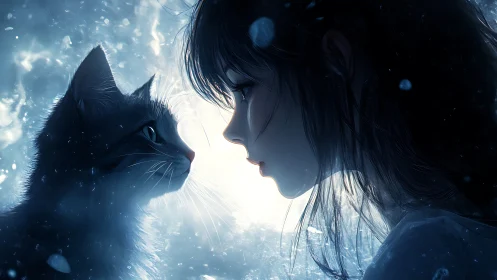 Girl and cat share a quiet, glowing winter starlight moment.