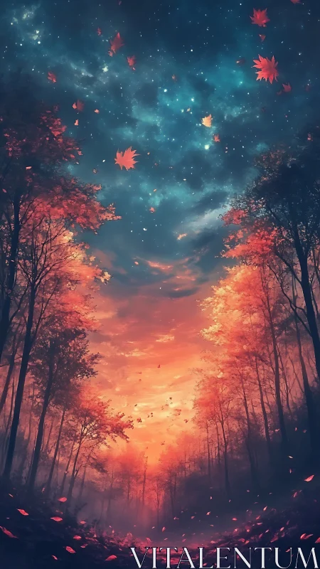 Autumn Forest Beneath Starlit Galaxy and Fiery Sky