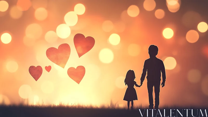 Silhouetted figures holding hands beneath floating hearts.