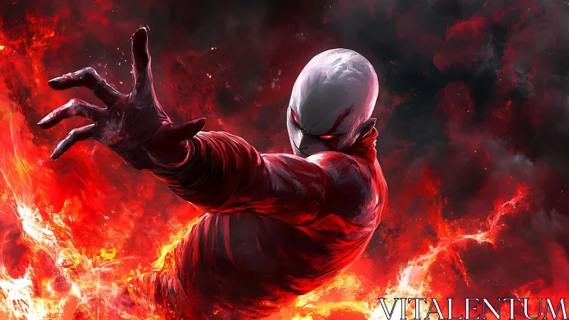 Bald humanoid figure extends hand amid red fire effects