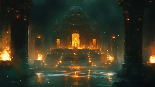 Luminous firelit temple rises through mist and shadow.