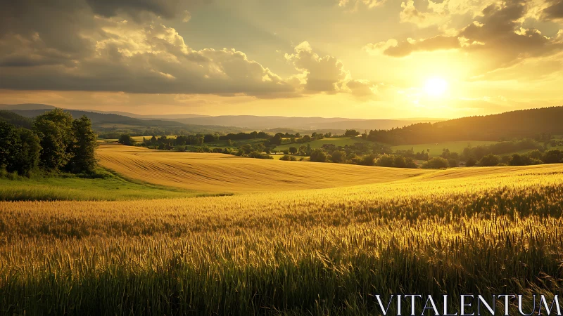 Low sun over ripening wheat fields with rolling rural hillsides