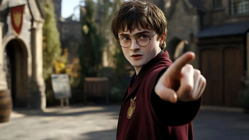 Young robed student pointing forward in stone courtyard scene.