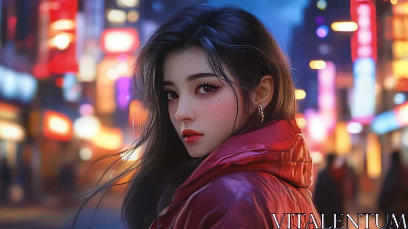 Neon city portrait of young woman in red jacket at night