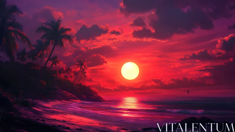 Digital tropical shoreline under saturated red sunset light