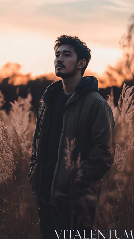 Man stands in golden field at dusk, lost in quiet thought
