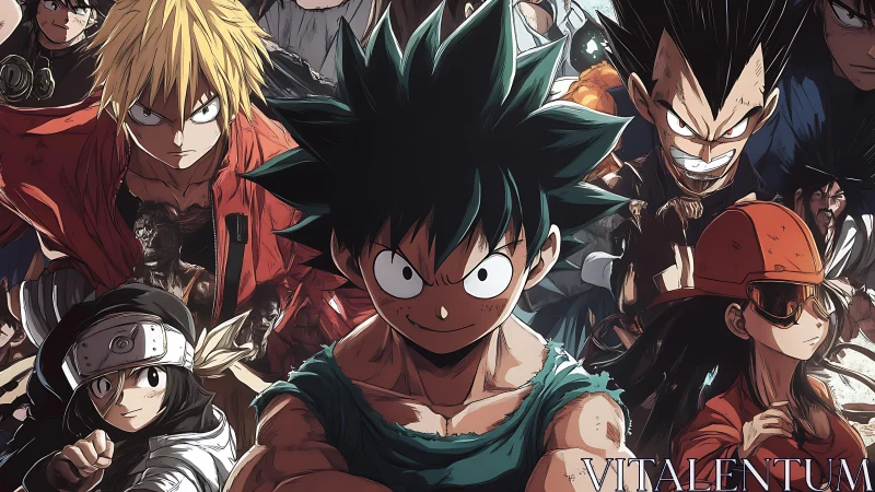 Dynamic shonen anime ensemble with layered hero composition.