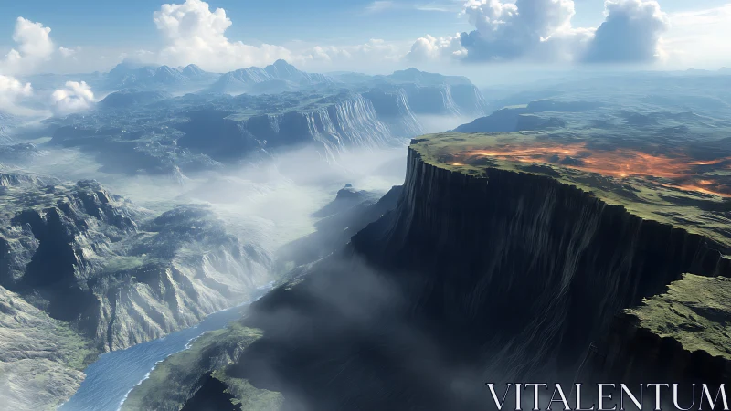 Volcanic plateau cliffscape under volumetric cloud canopy.