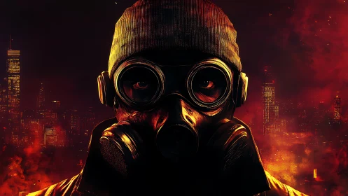 Masked survivor in burning cityscape under red sky.